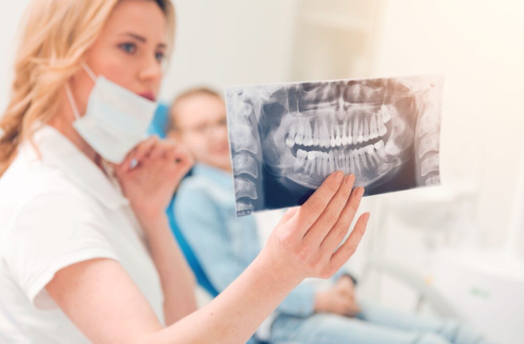 A dentist holding up a photo of a patients dental x-rays to understand their teeth better