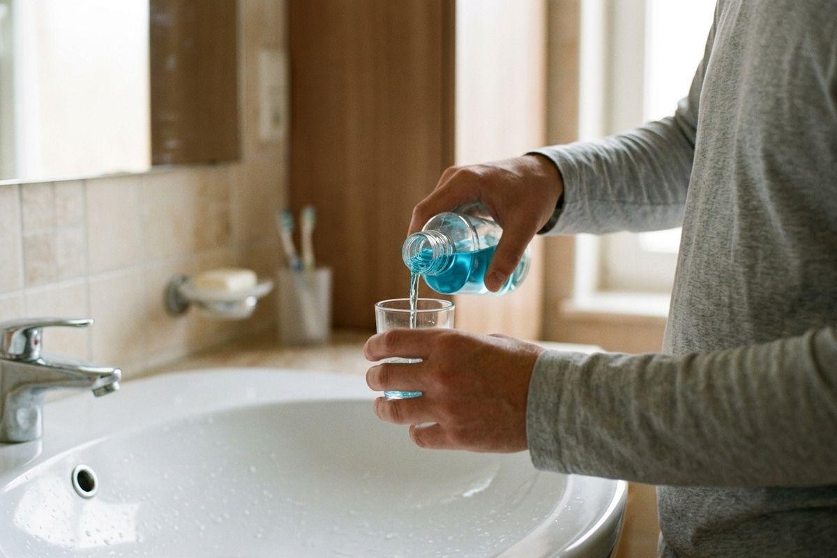 Adult pours blue mouthwash from a bottle into a cup over a bathroom sink.