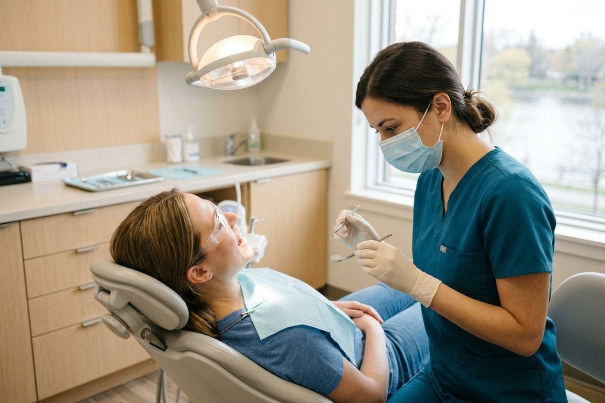 Dentist holding dental tools beside an adult reclining in a dental chair.