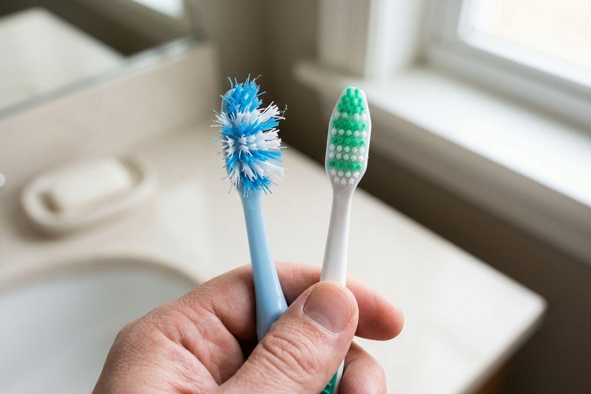 Adult hand holds a frayed blue toothbrush beside a newer white and green toothbrush over a bathroom sink.