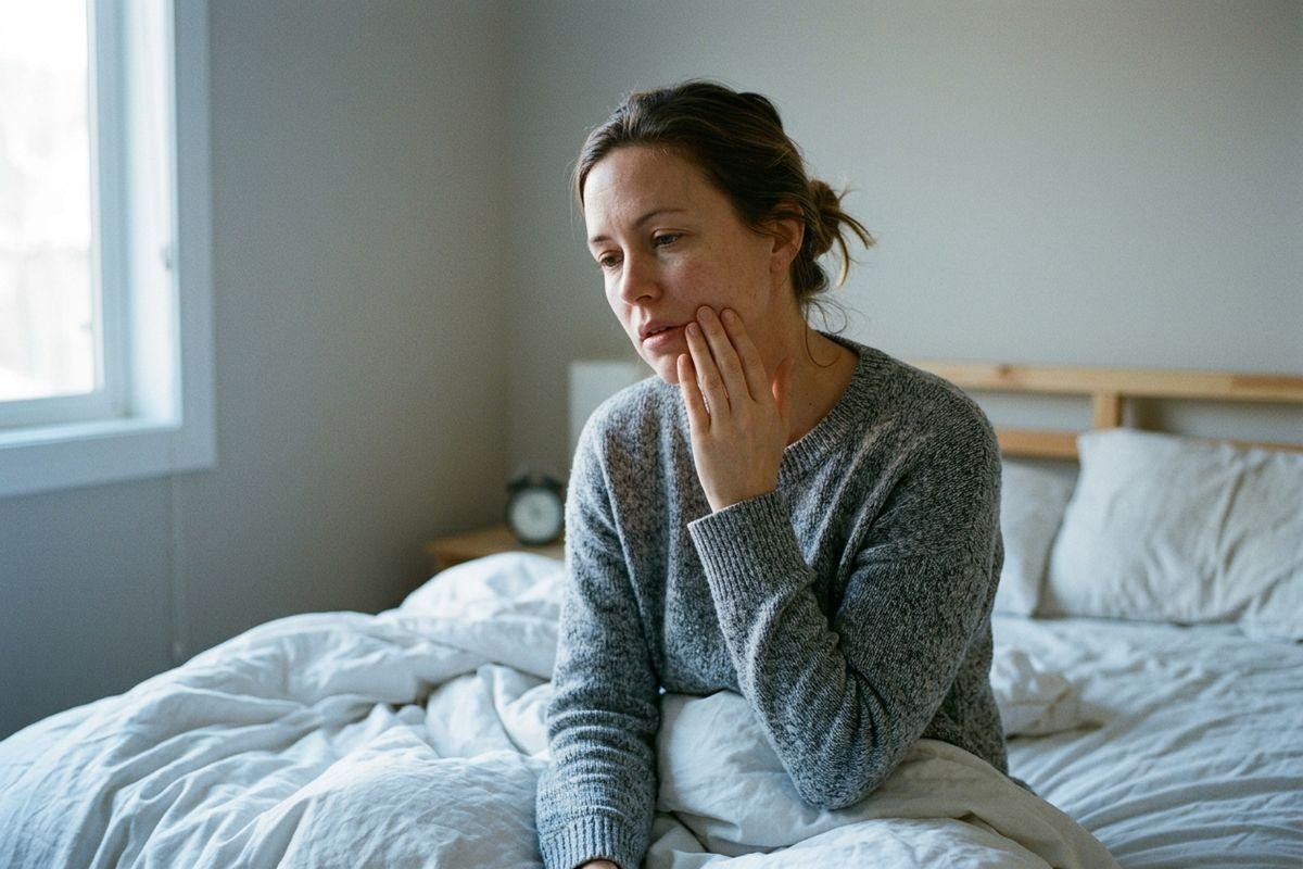 Adult in a gray sweater sits on a bed with a hand pressed to their cheek, looking concerned.